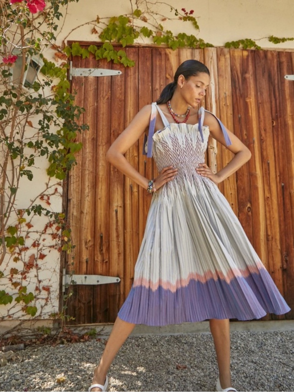 HUNTER BELL Pleated Tie-Dye Midi Dress in Purple & Cream